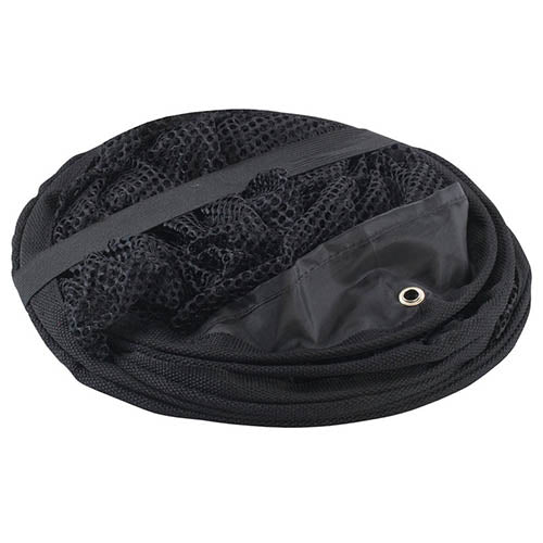 Black mesh bag with zipper and handle, likely for carrying small items or tools.
