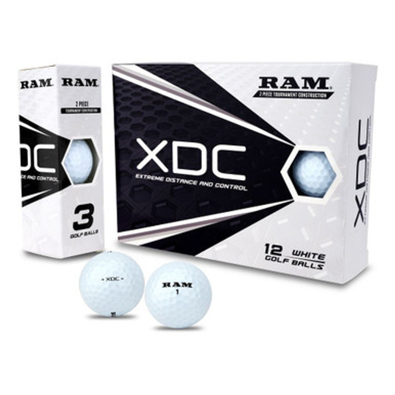 Ram xdc extreme distance and control golf balls, white with black accents.