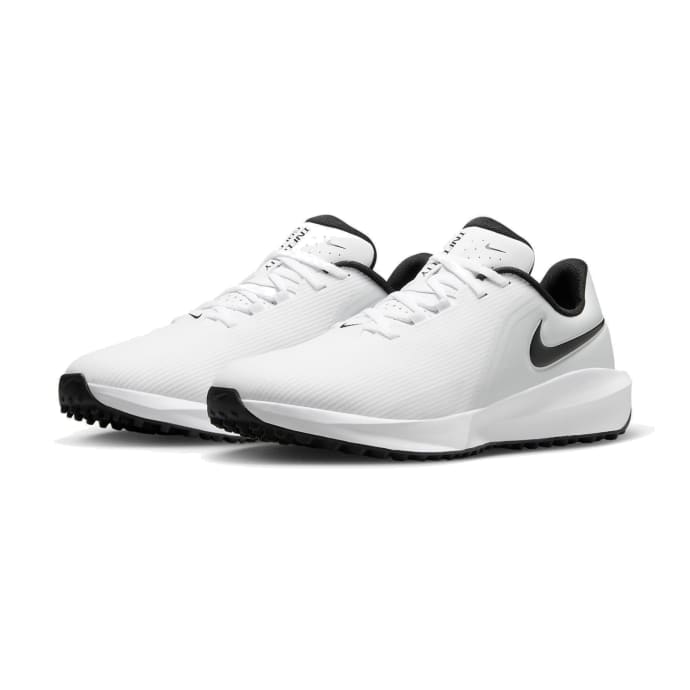 White nike golf shoe with black accents and laces.