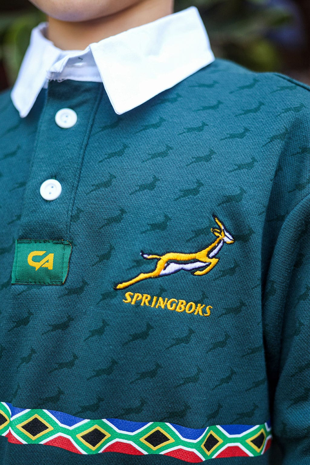 Green rugby jersey with springbok design and south african flag accents.