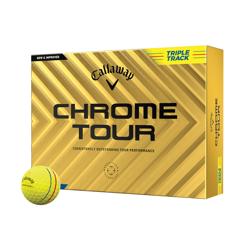 Callaway chrome tour golf balls, yellow with black and white accents.
