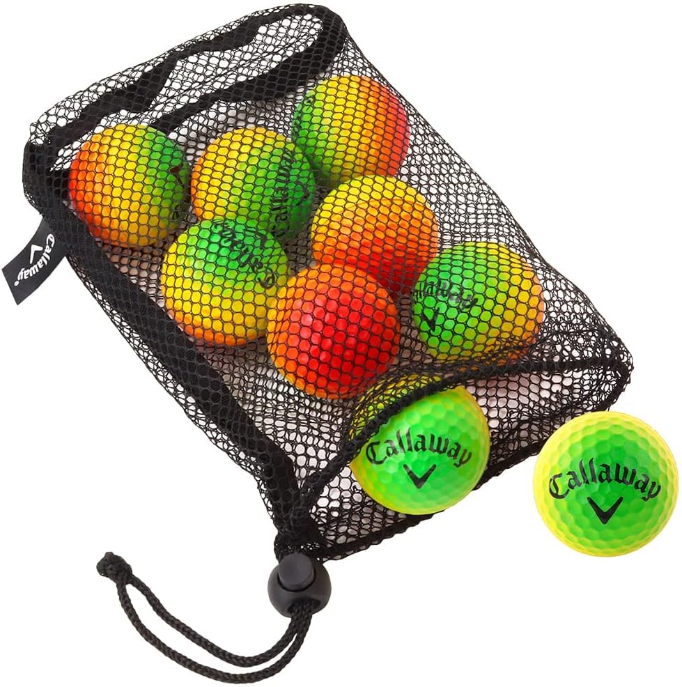 Callaway golf ball net bag with vibrant orange and green balls.