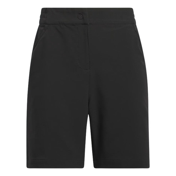 Black cotton shorts with elastic waistband and pockets.