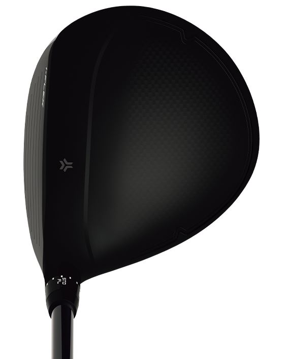 Black driver golf club head with a sleek, modern design and metallic finish.