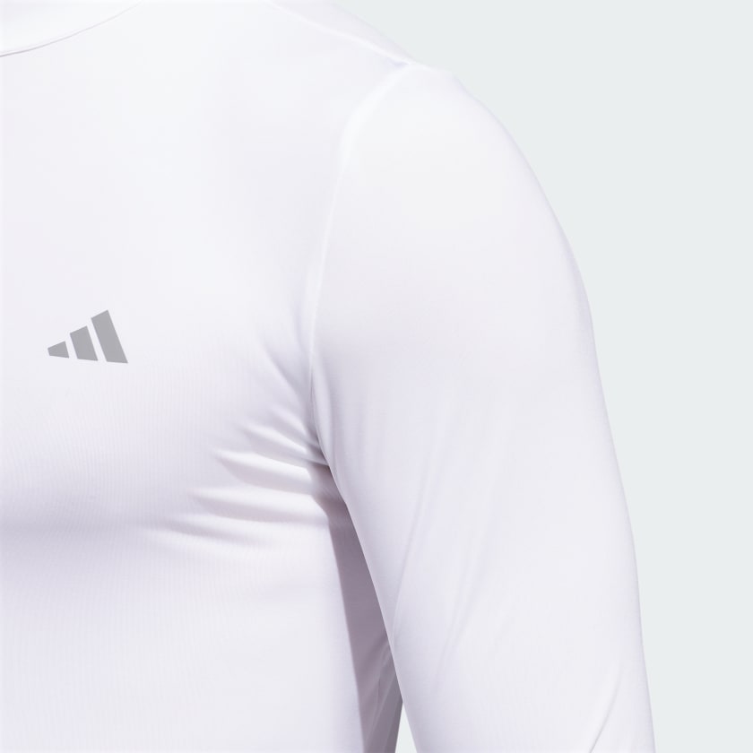 White adidas long-sleeve athletic shirt with three-stripe logo on sleeve.