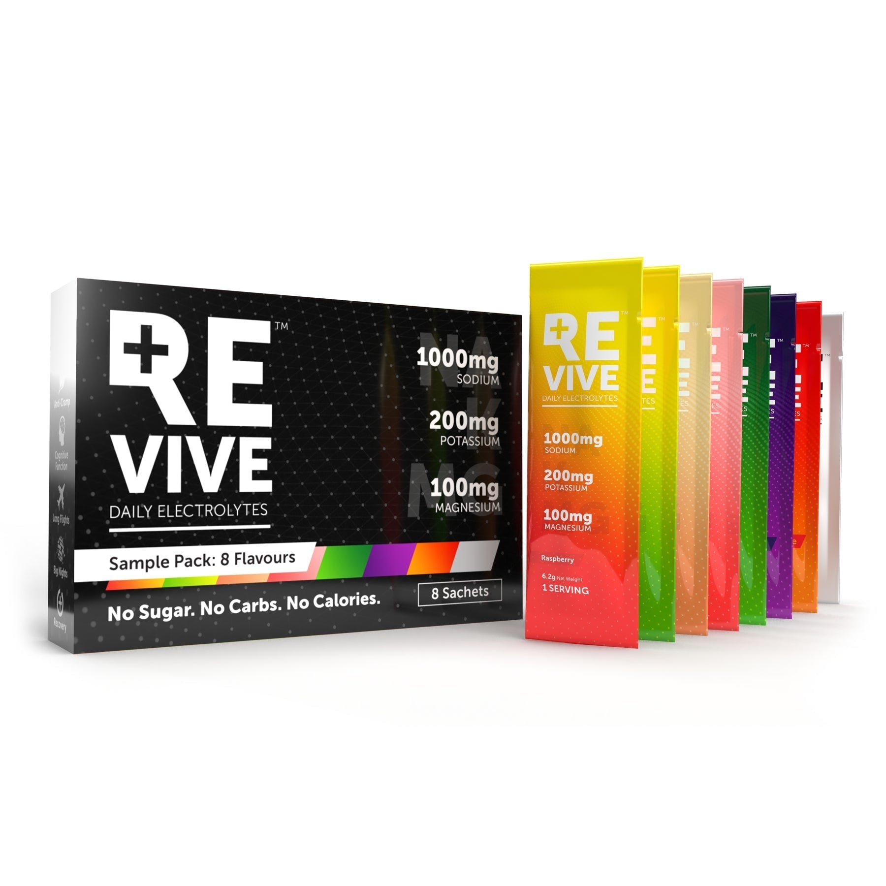 Revive daily electrolytes sample pack with 8 flavors, no sugar or carbs.