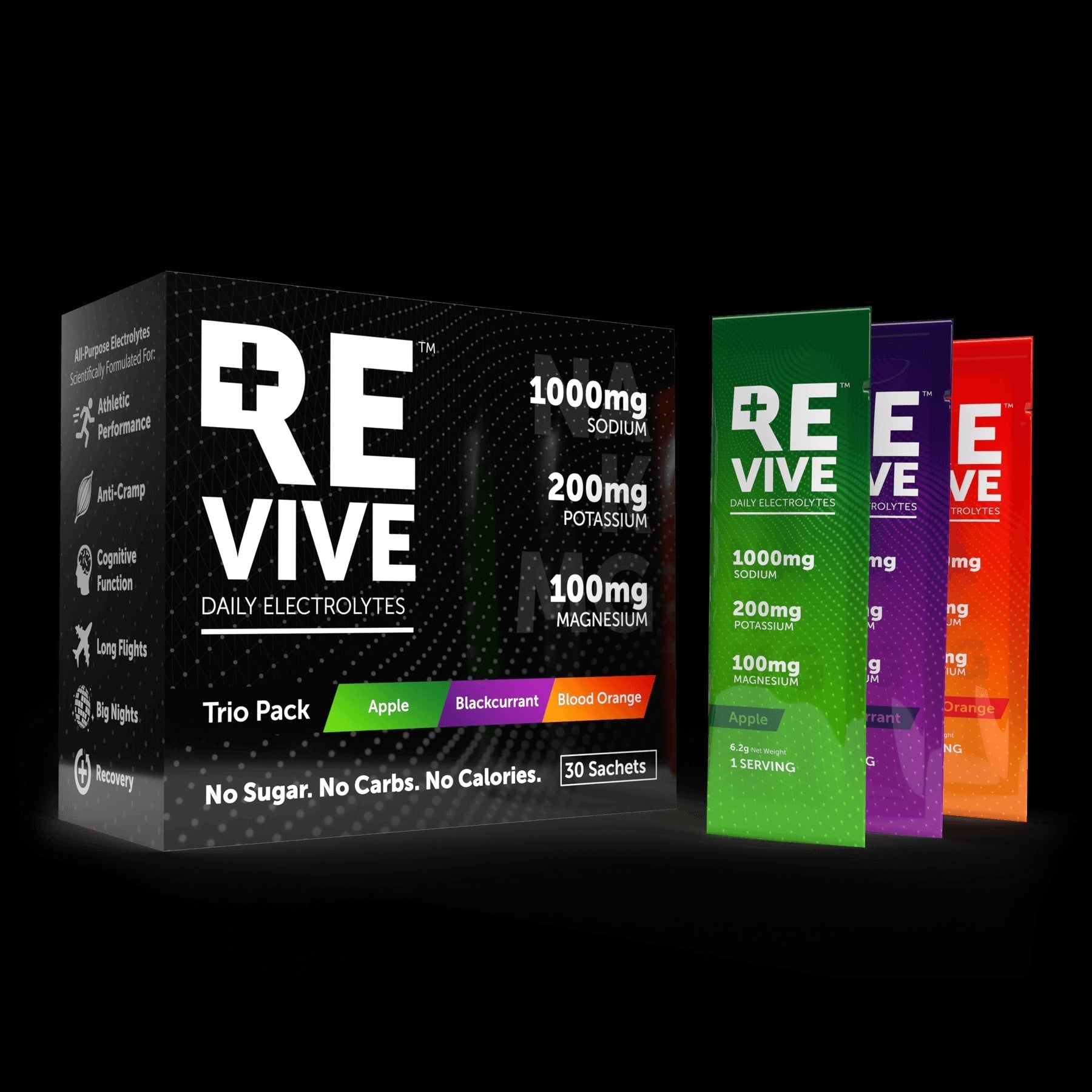 Revive daily electrolyte sachet trio pack, black and green packaging with colorful sachets.