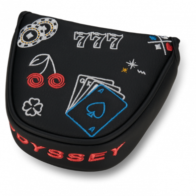 Odyssey black putter cover with casino-themed design featuring poker cards, cherries, and ’777’’ in red.