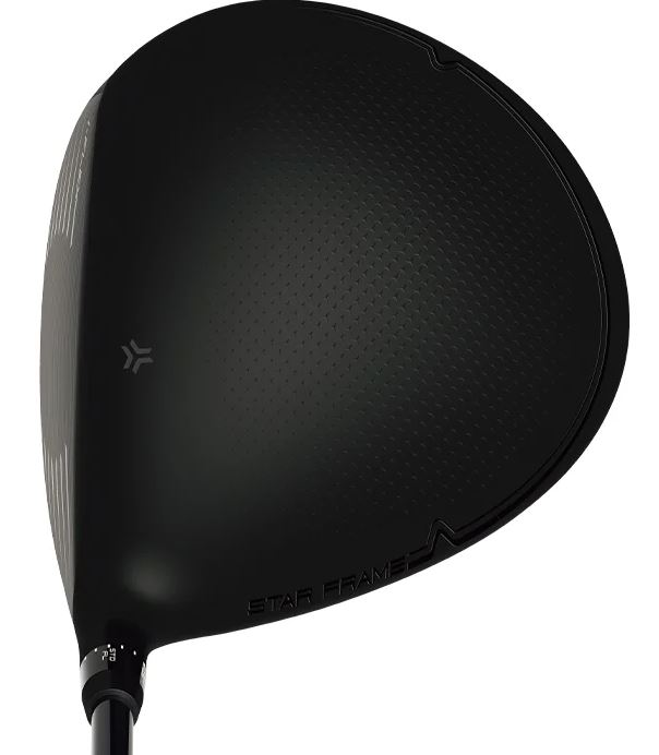 Black driver golf club head with white text and logo design.