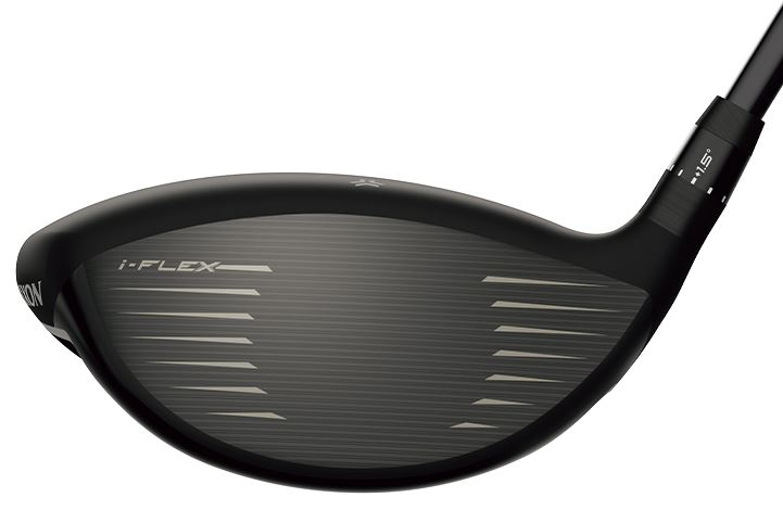 Black and silver golf club head with i-flex design, featuring a sleek carbon fiber finish.