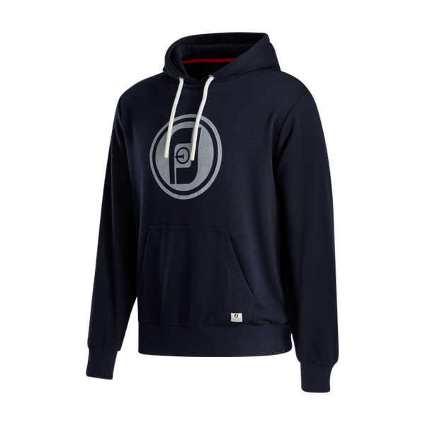 Navy blue hoodie with white drawstrings and silver logo design.