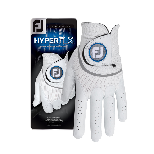 White golf glove with blue and gray accents, footjoy hyperflx design.