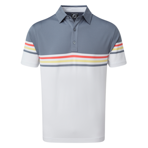 Footjoy golf polo shirt with gray and white stripes, yellow accents.