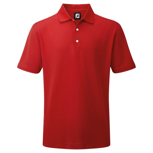 Red polo shirt with white buttons and collar, made of cotton or polyester blend material.