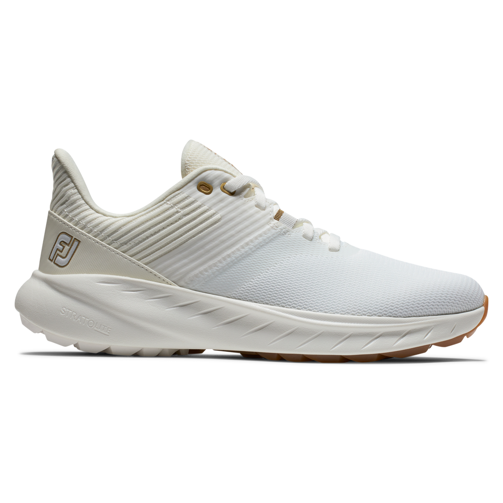 White golf shoe with mesh upper and rubber sole, featuring a gold logo on the side.