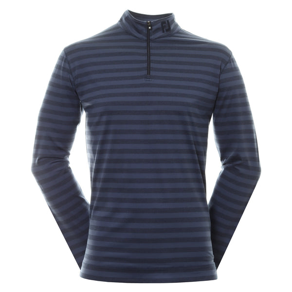 Navy blue and gray striped quarter-zip pullover sweater with a ribbed collar and cuffs.