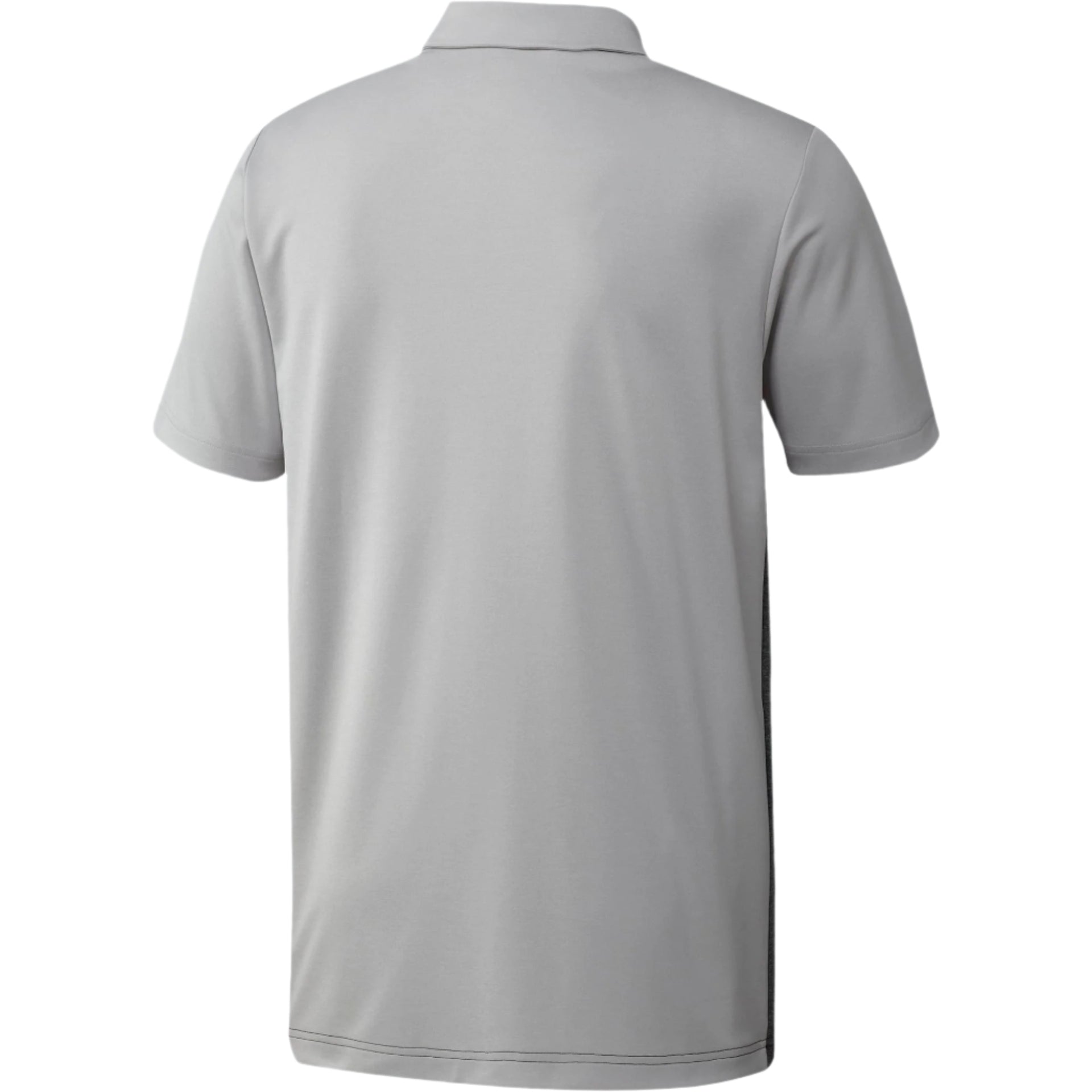 Gray polo shirt with short sleeves and collar, likely made of cotton or polyester blend.