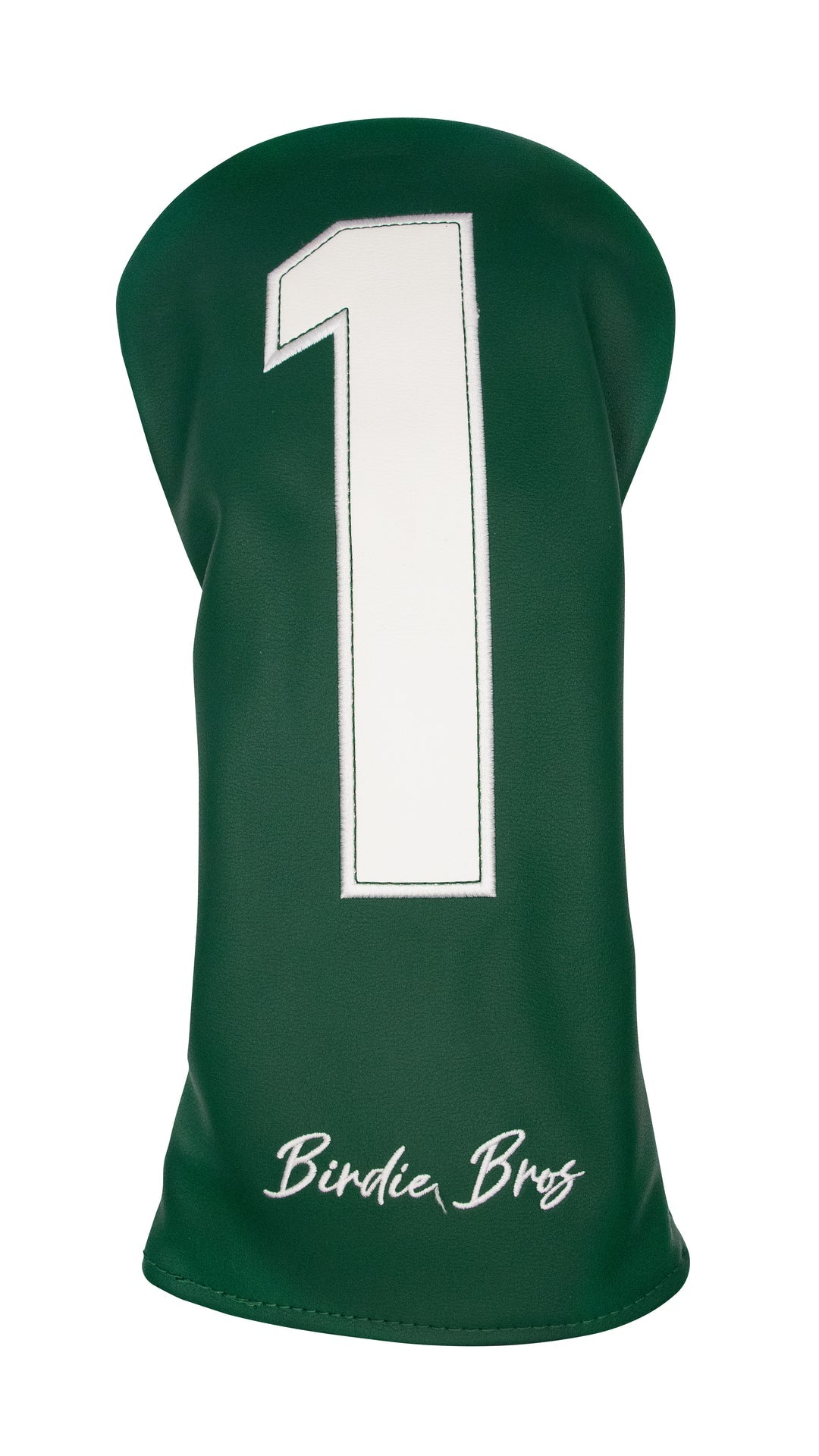 Green golf club head cover with white number 1 and ’birdie bros’ branding.