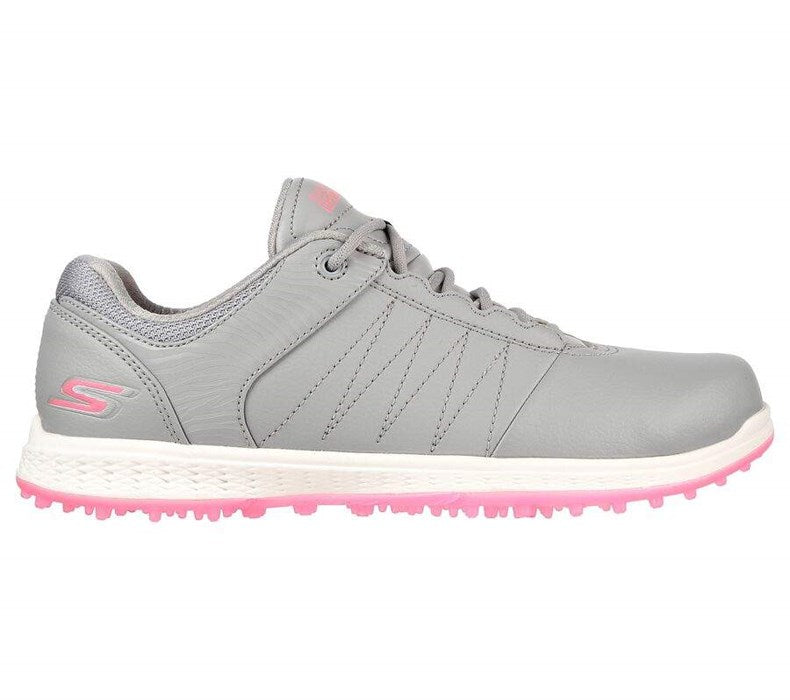 Skechers golf shoe, gray and pink accents.