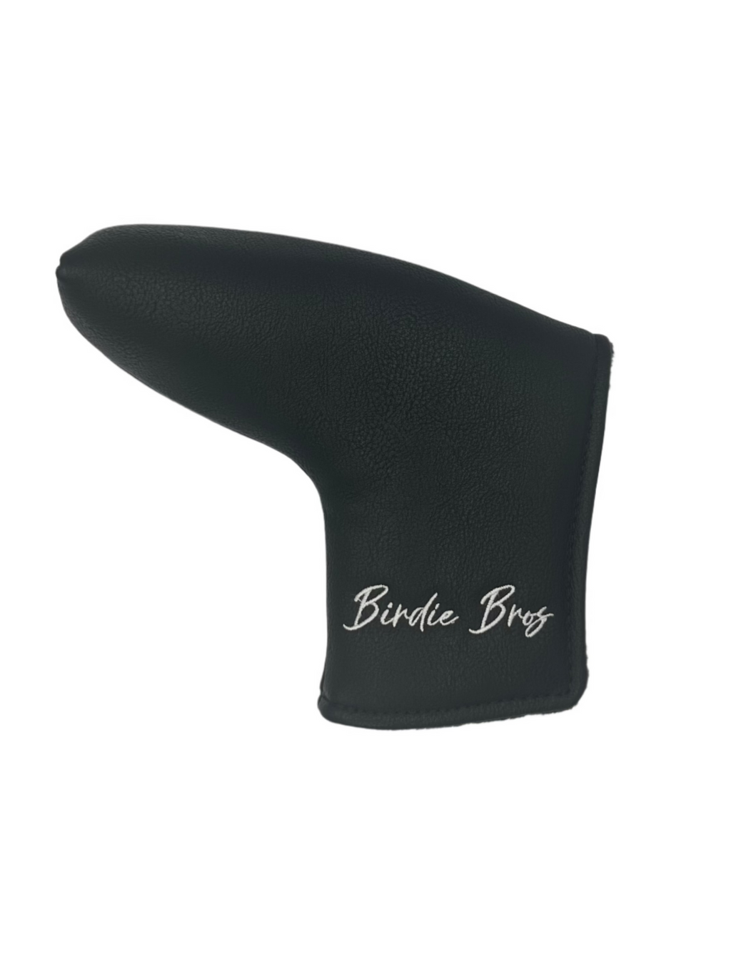 Black golf club head cover with ’birdie brog’ logo in white script.