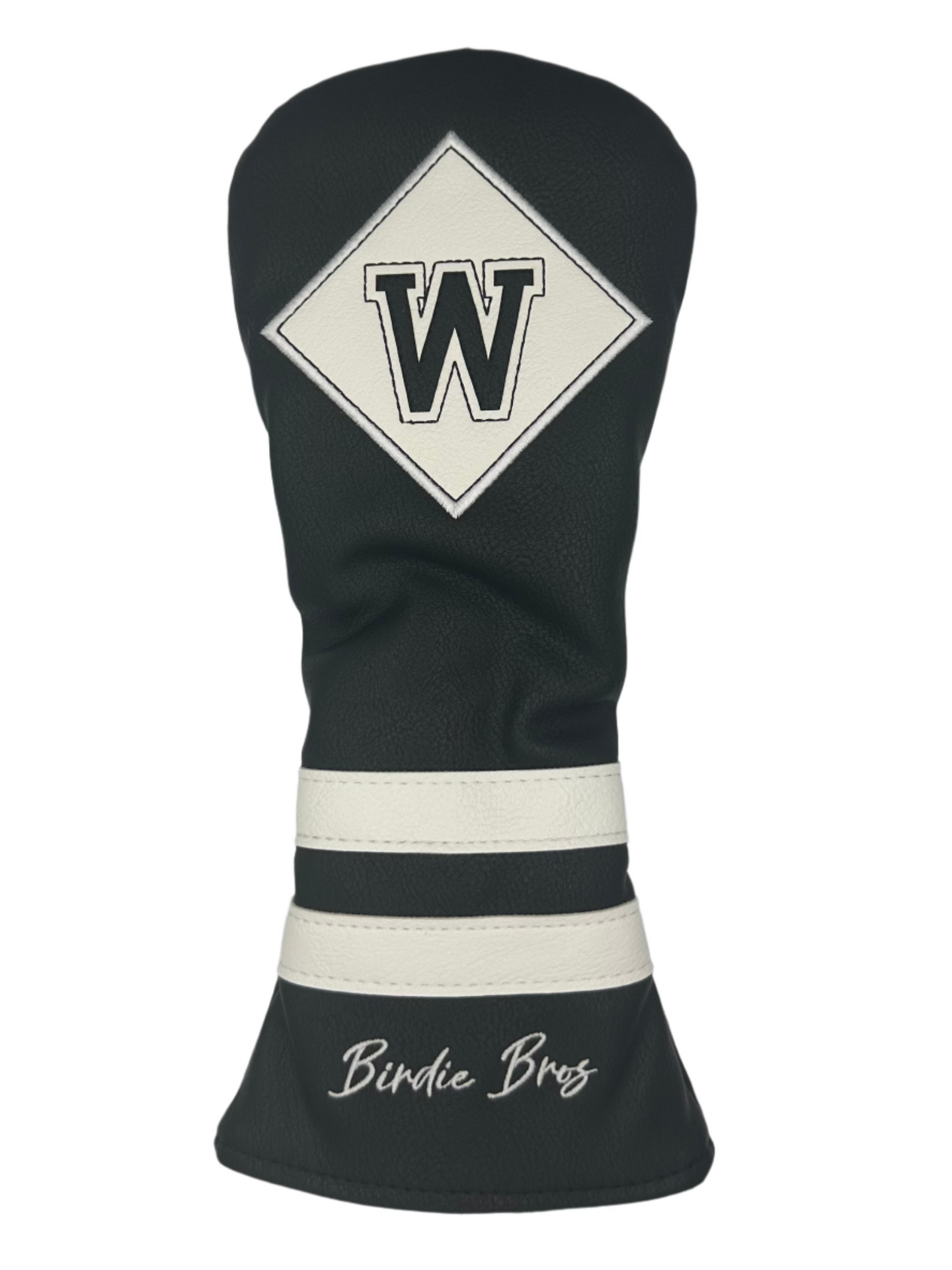 Black and white golf club head cover with a diamond-shaped logo featuring the letter ’w’ in gray.