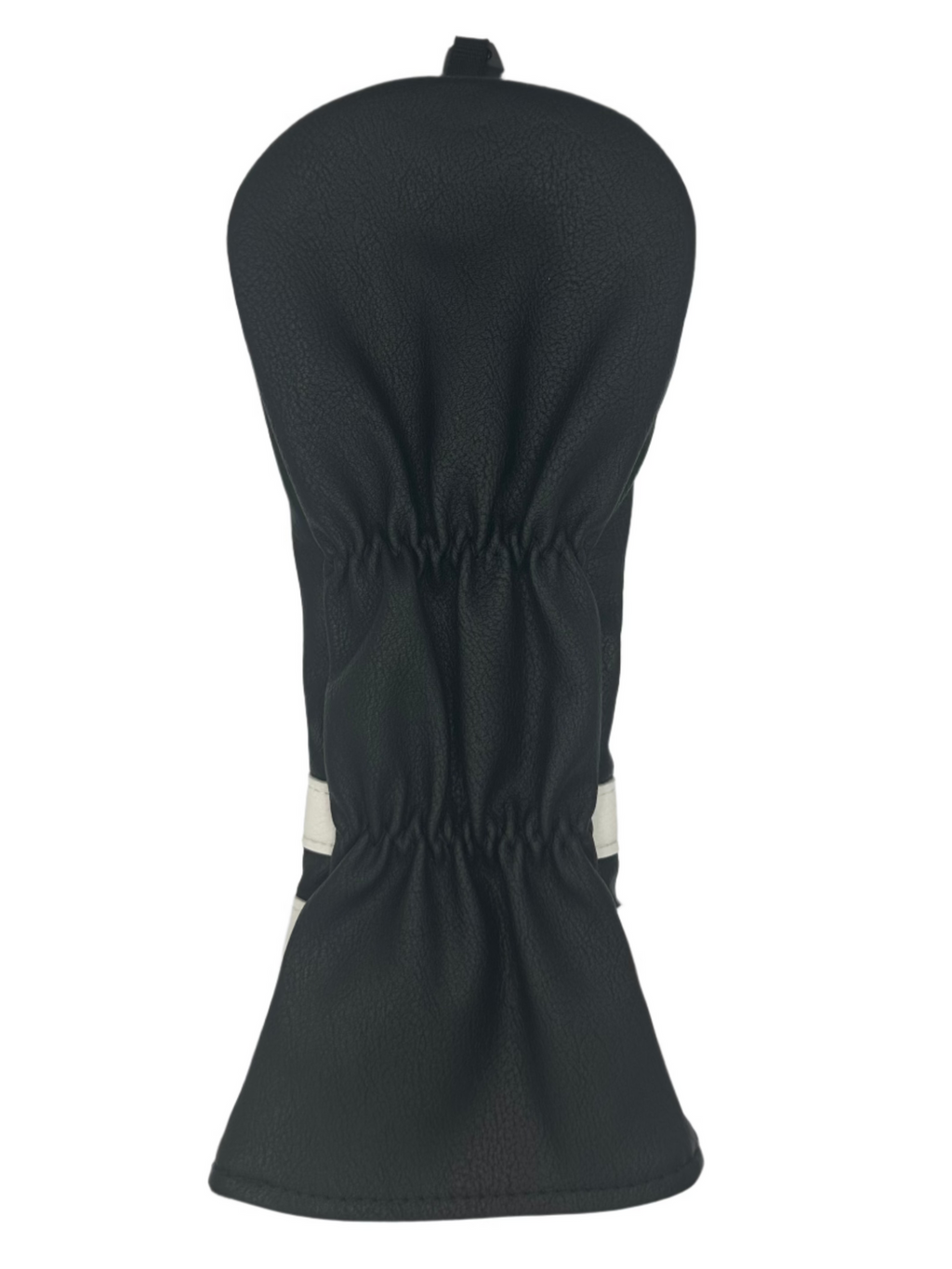 Black golf club head cover with white accents and elastic drawstring closure.