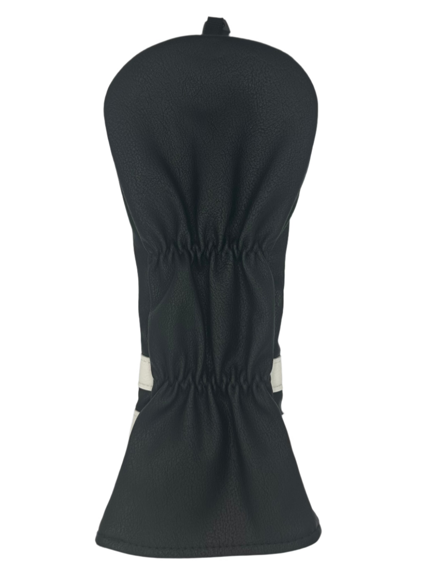 Black golf club head cover with white accents and elastic drawstring closure.