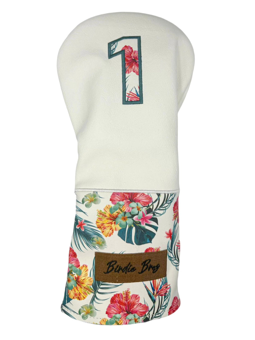 Floral golf club head cover with ’1’’ number and birdie bag label.