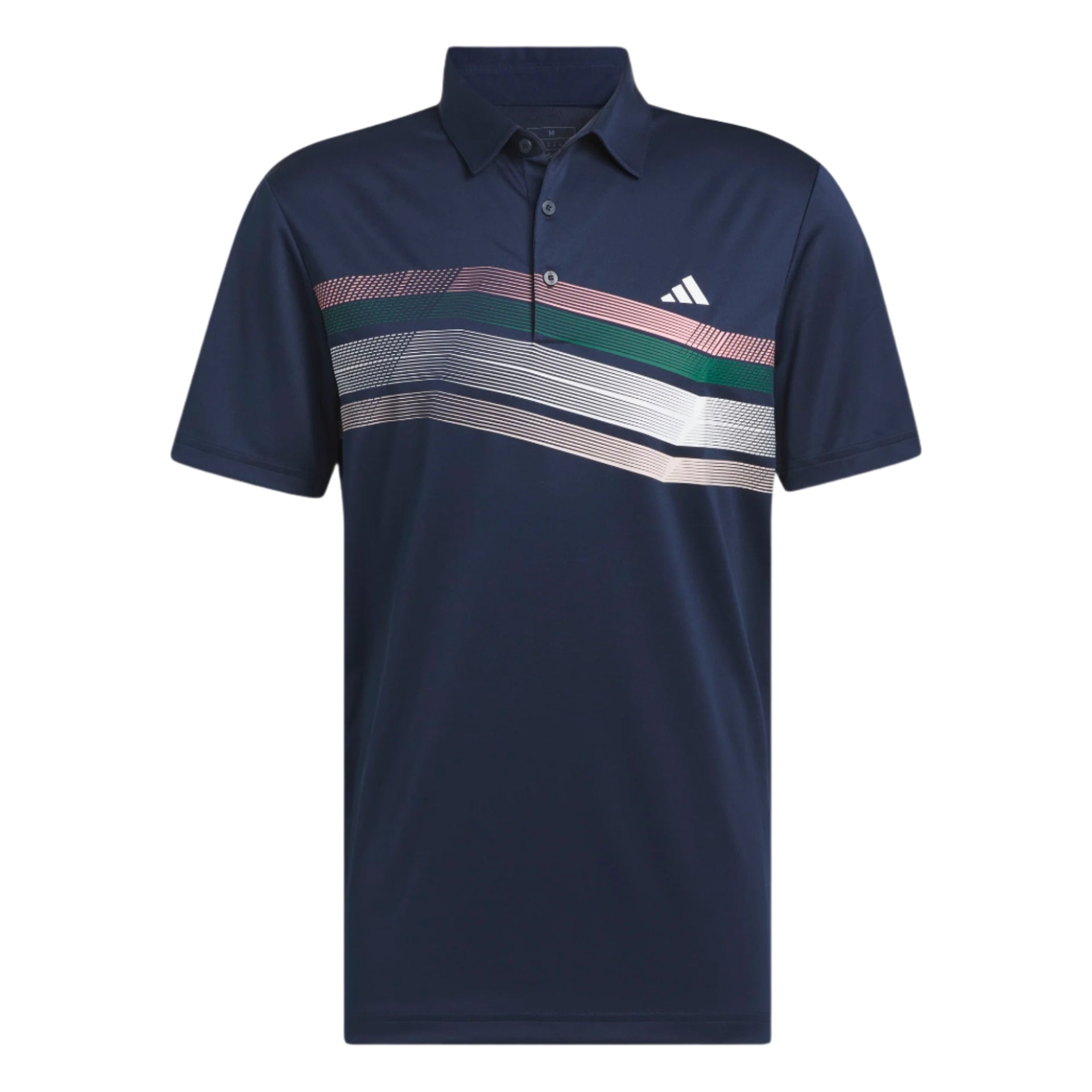 Navy blue polo shirt with green and purple stripes, adidas brand.