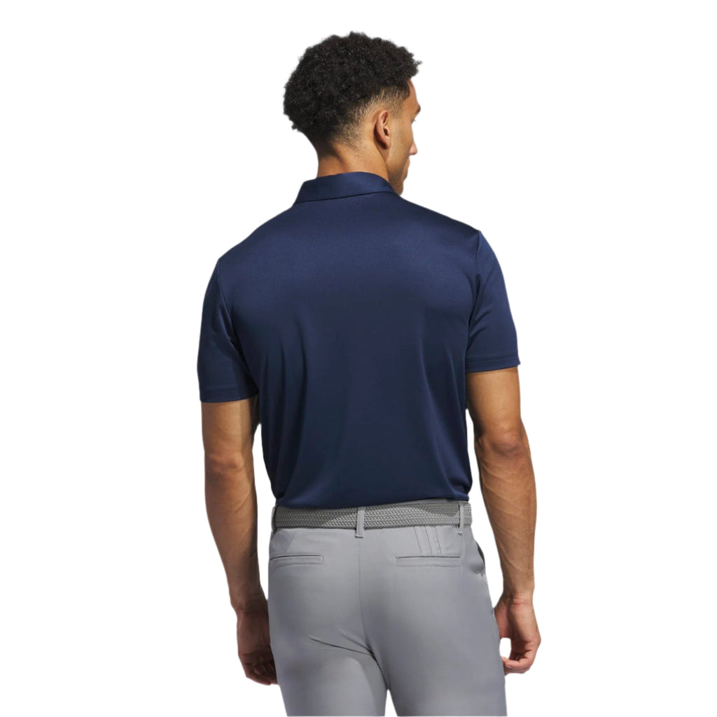 Navy blue polo shirt with short sleeves and a classic collar, likely made of polyester or cotton blend.