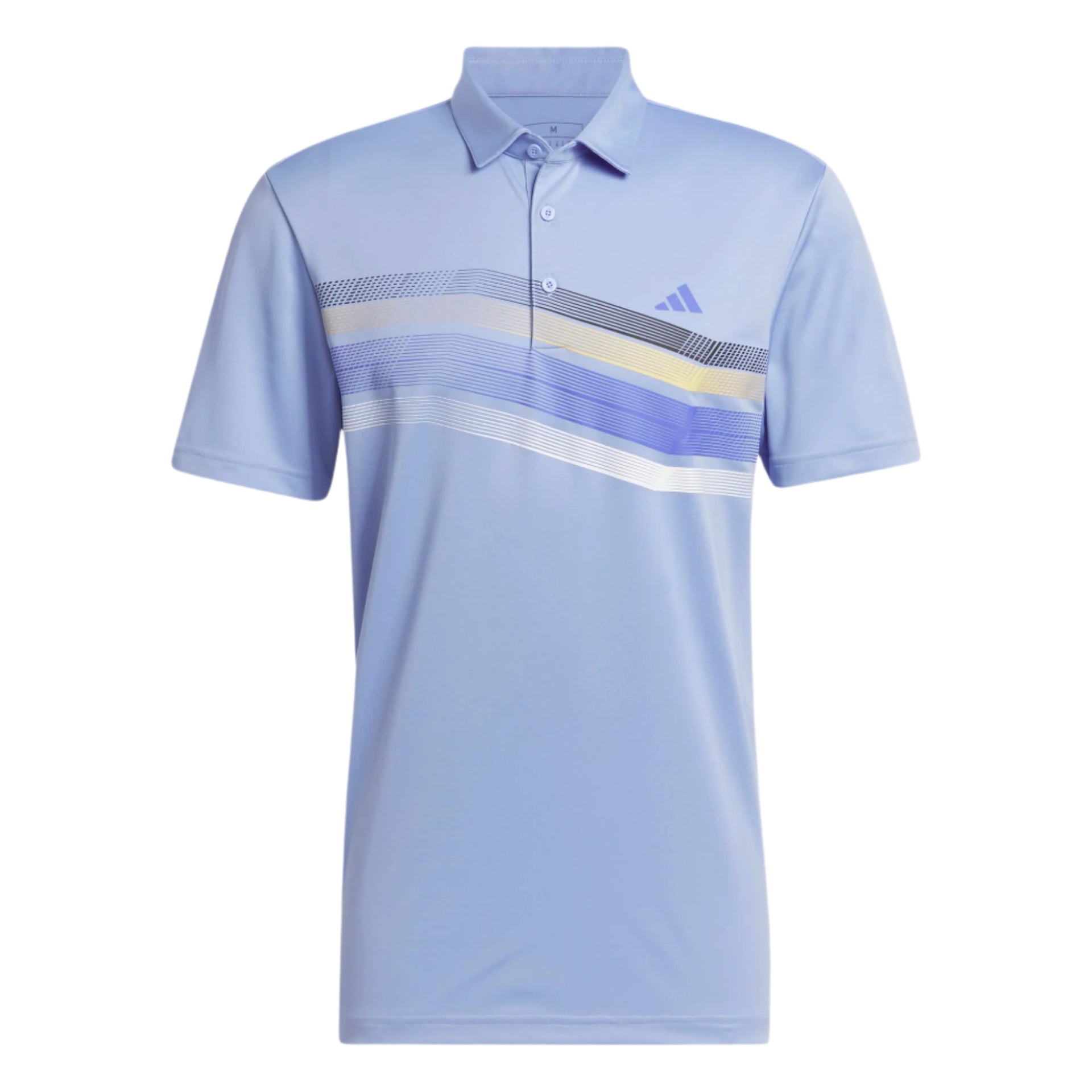 Adidas polo shirt with striped pattern in light blue, white and yellow.