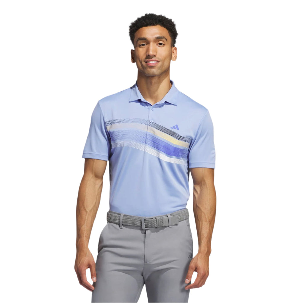 Adidas golf polo shirt with abstract design, light blue and white stripes.