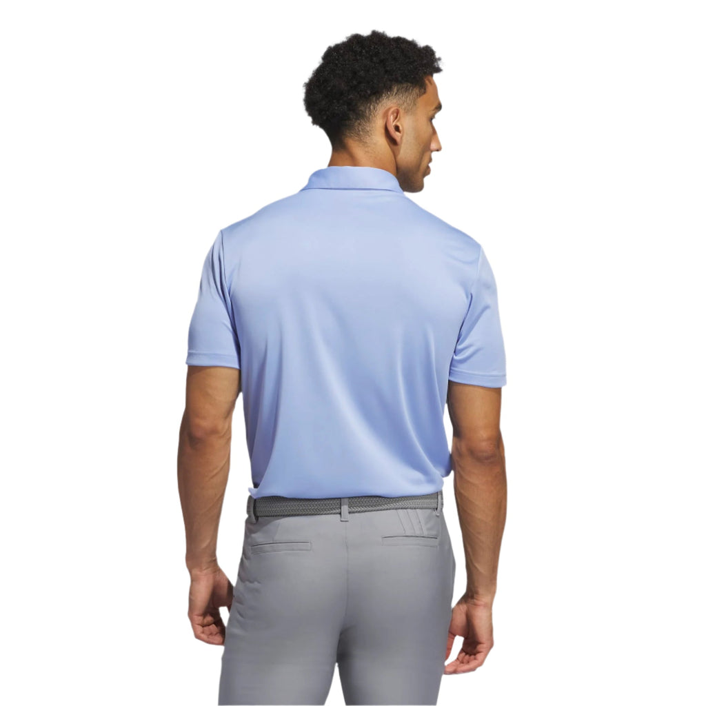 Light blue polo shirt with short sleeves and collar, made of polyester material.