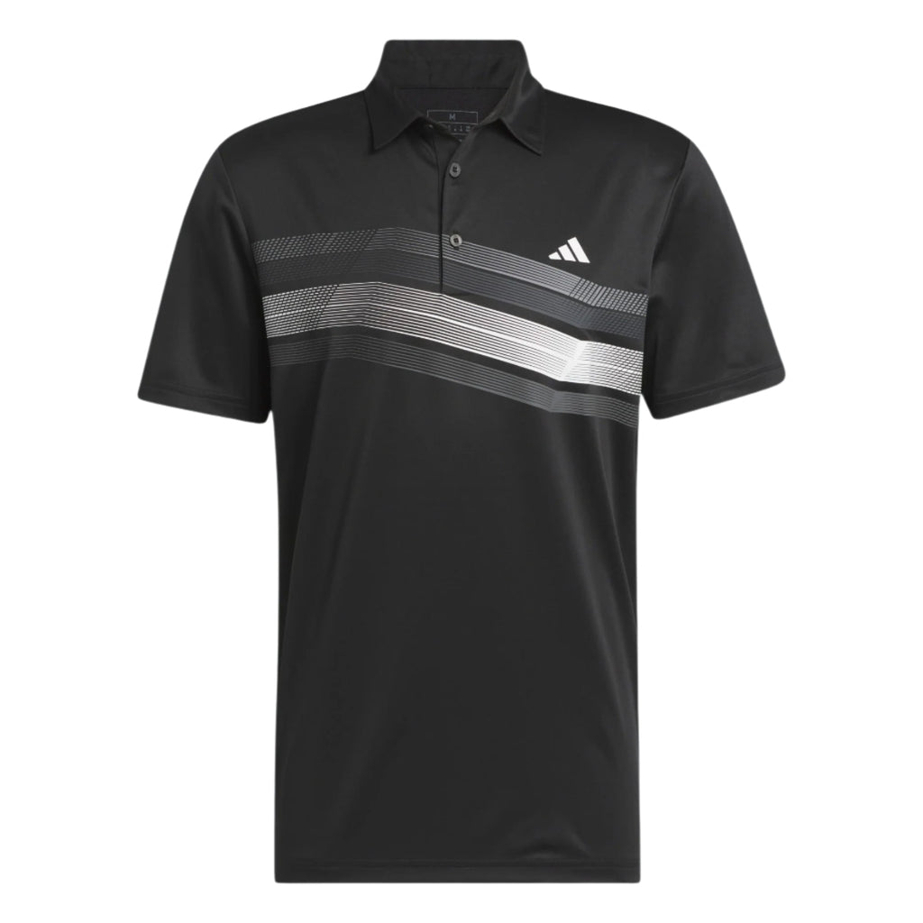Black adidas polo shirt with silver stripes and logo.