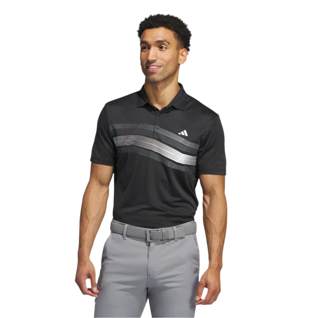Black and gray adidas polo shirt with striped design, short sleeves.