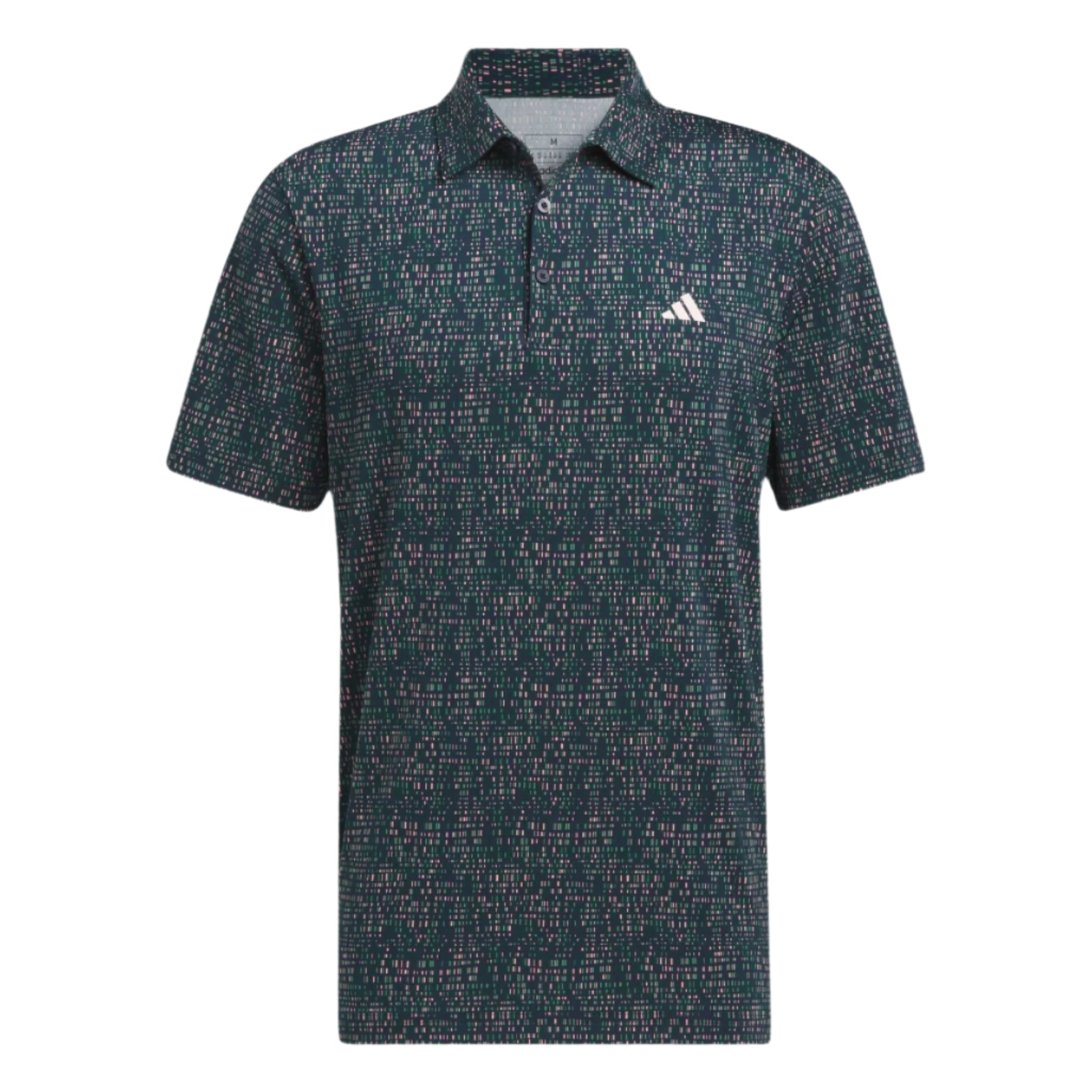 Adidas polo shirt with pixelated pattern, dark green and black colors.
