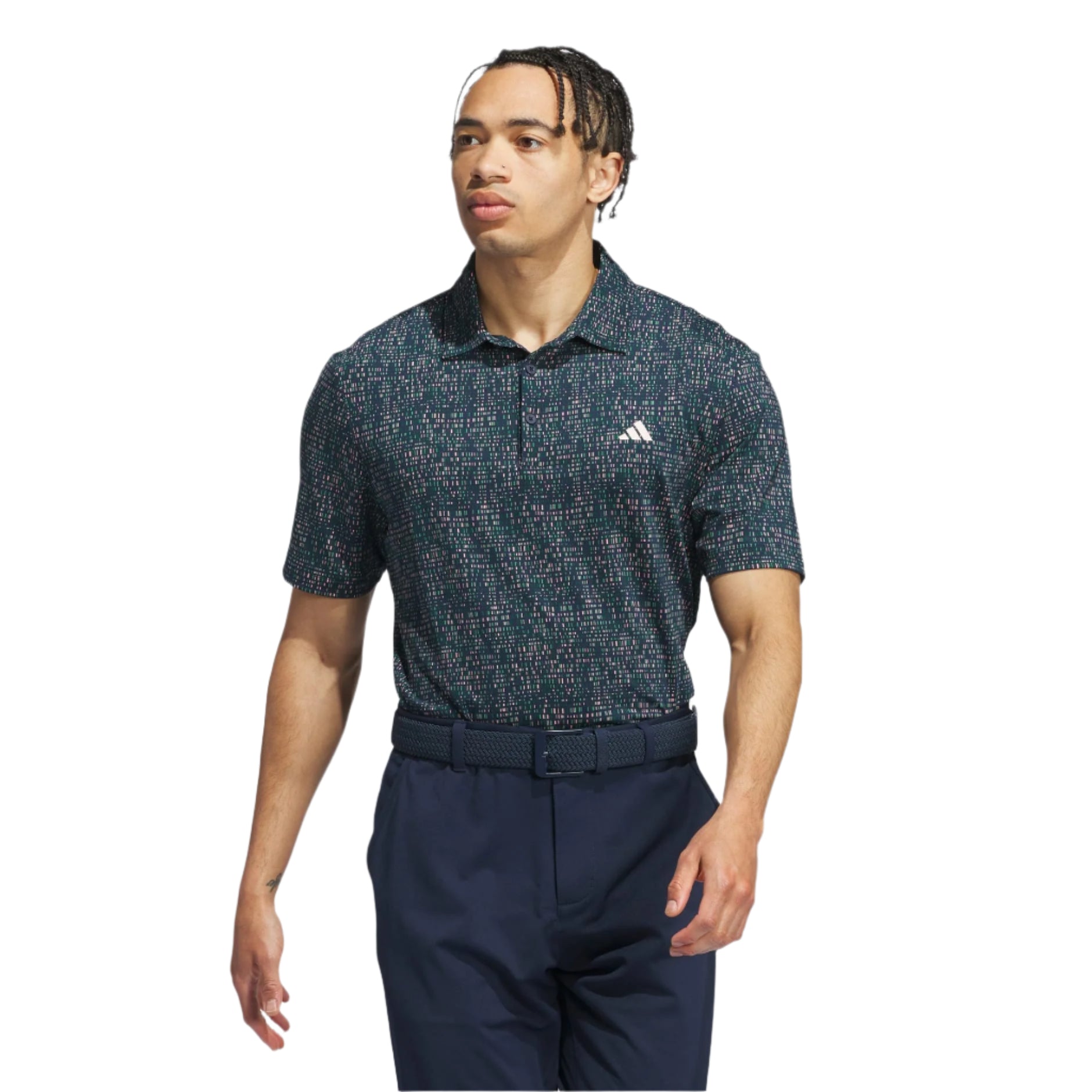 Adidas polo shirt with abstract pattern, dark blue and black colors.