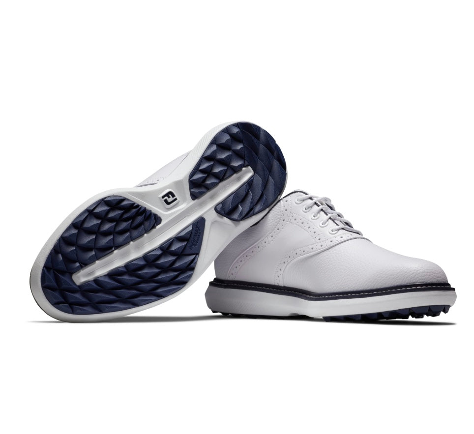 Footjoy Men's Golf Shoes | Traditions Blucher | Spikeless | White/White/Navy