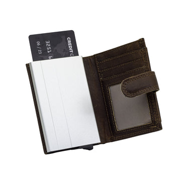 Brown leather card holder with flip-out design and credit cards