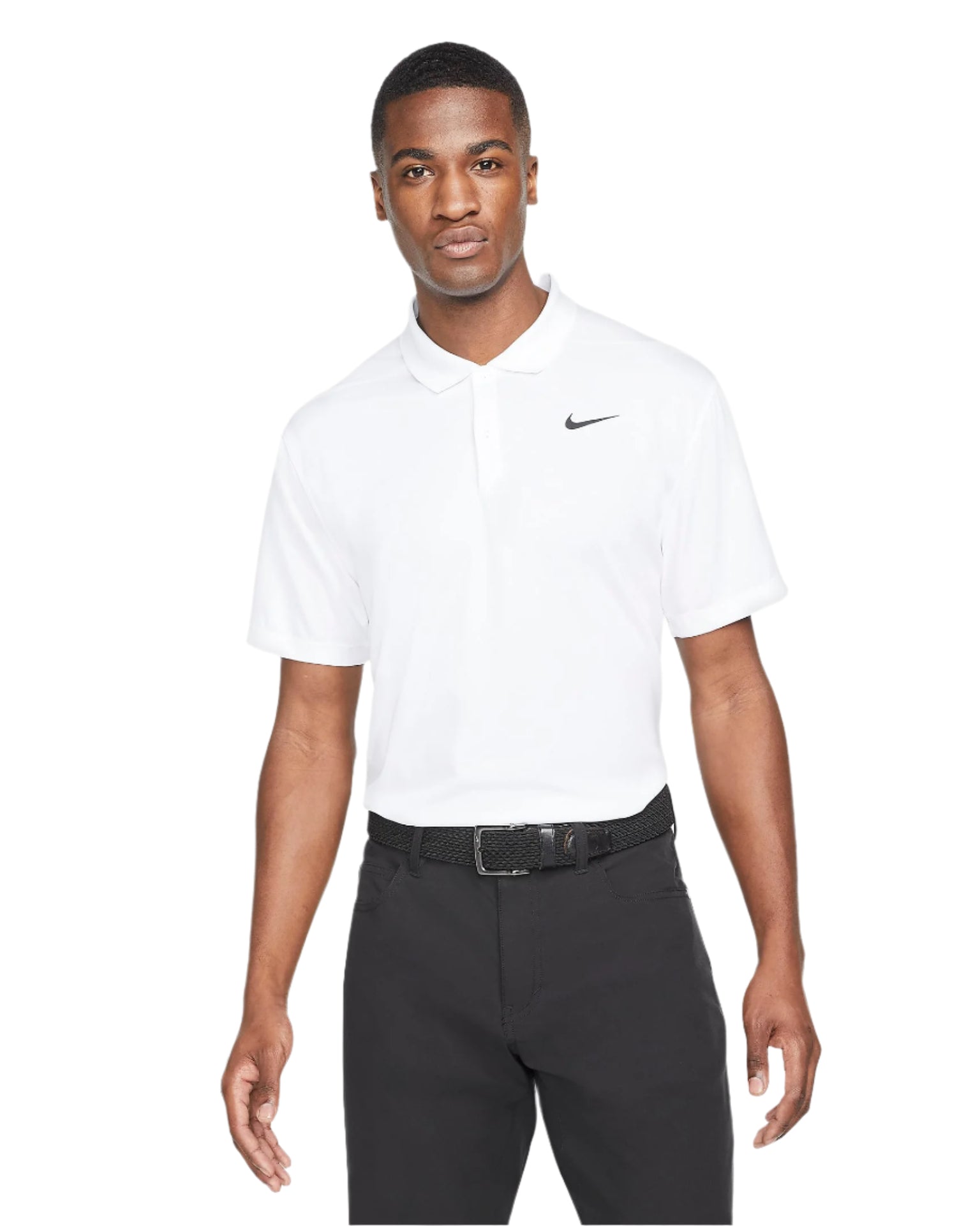 White nike polo shirt with black swoosh logo and collar details.