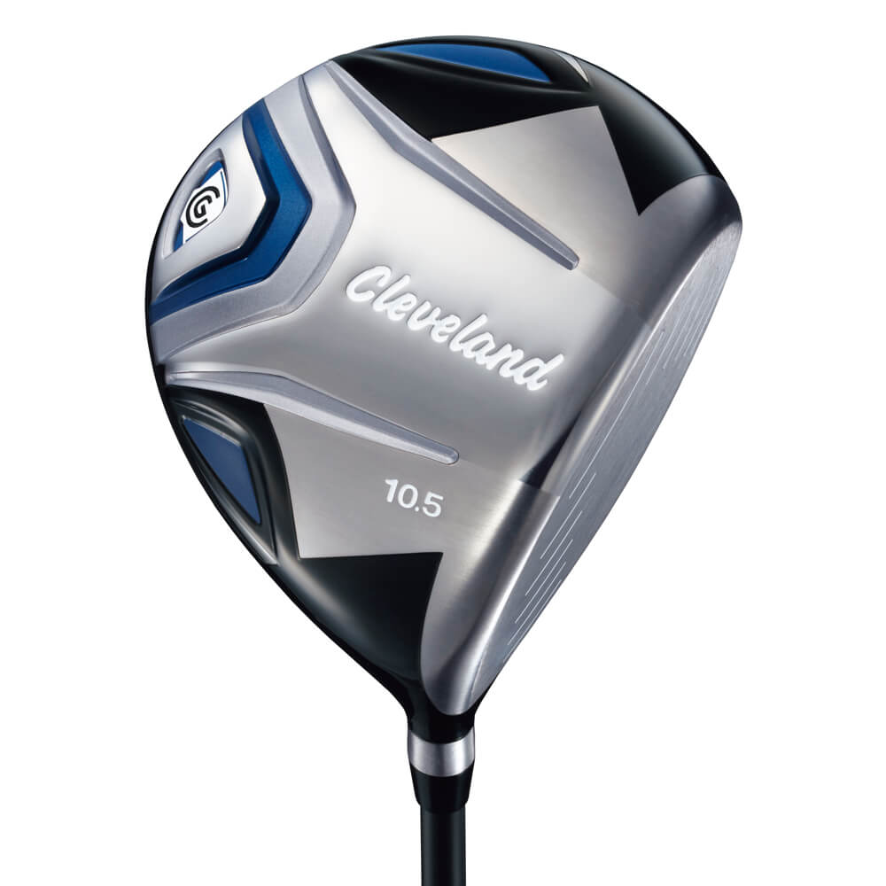 Cleveland 10.5-degree driver golf club with a sleek silver and black finish, featuring blue accents on the face for added visual appeal.
