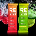Revive energy drink pouches in vibrant red and green, made of plastic with a bold design.