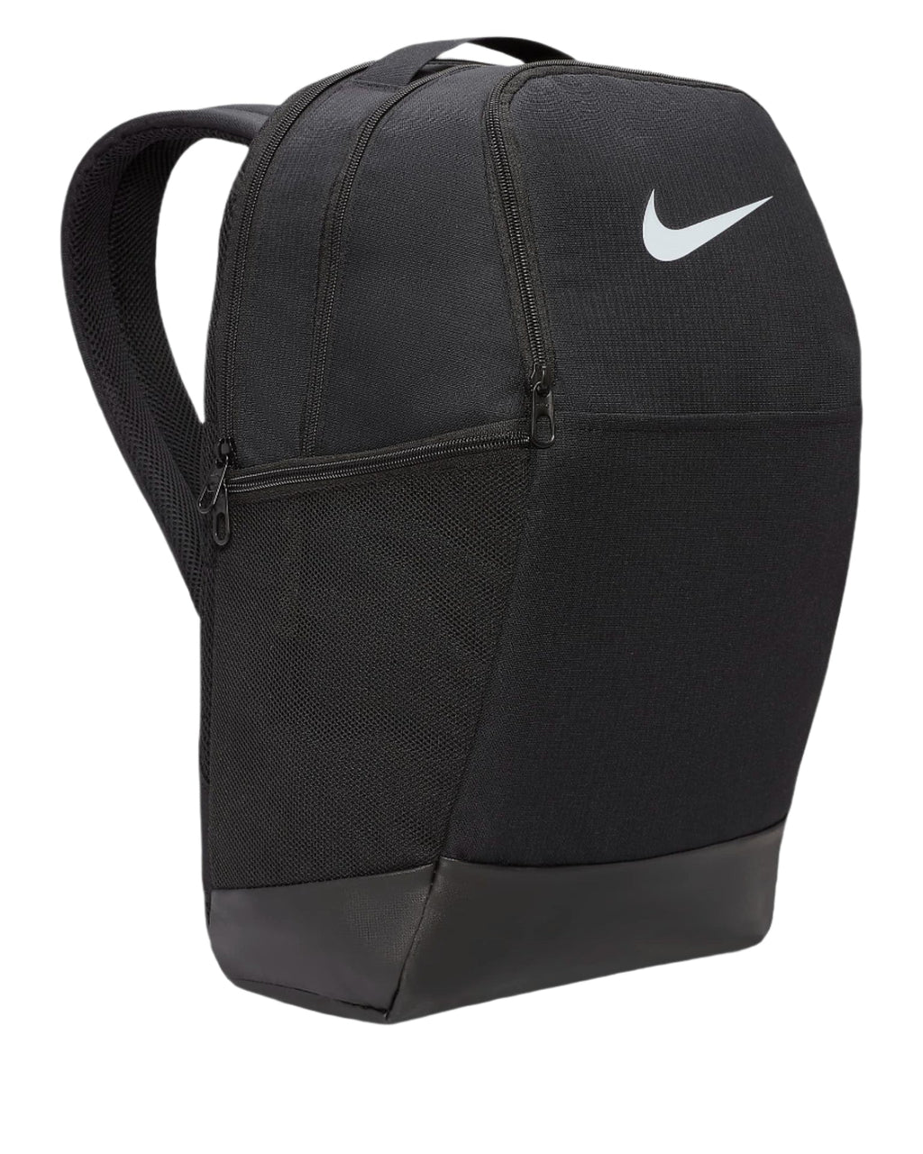 Black nike backpack with white swoosh and mesh details.