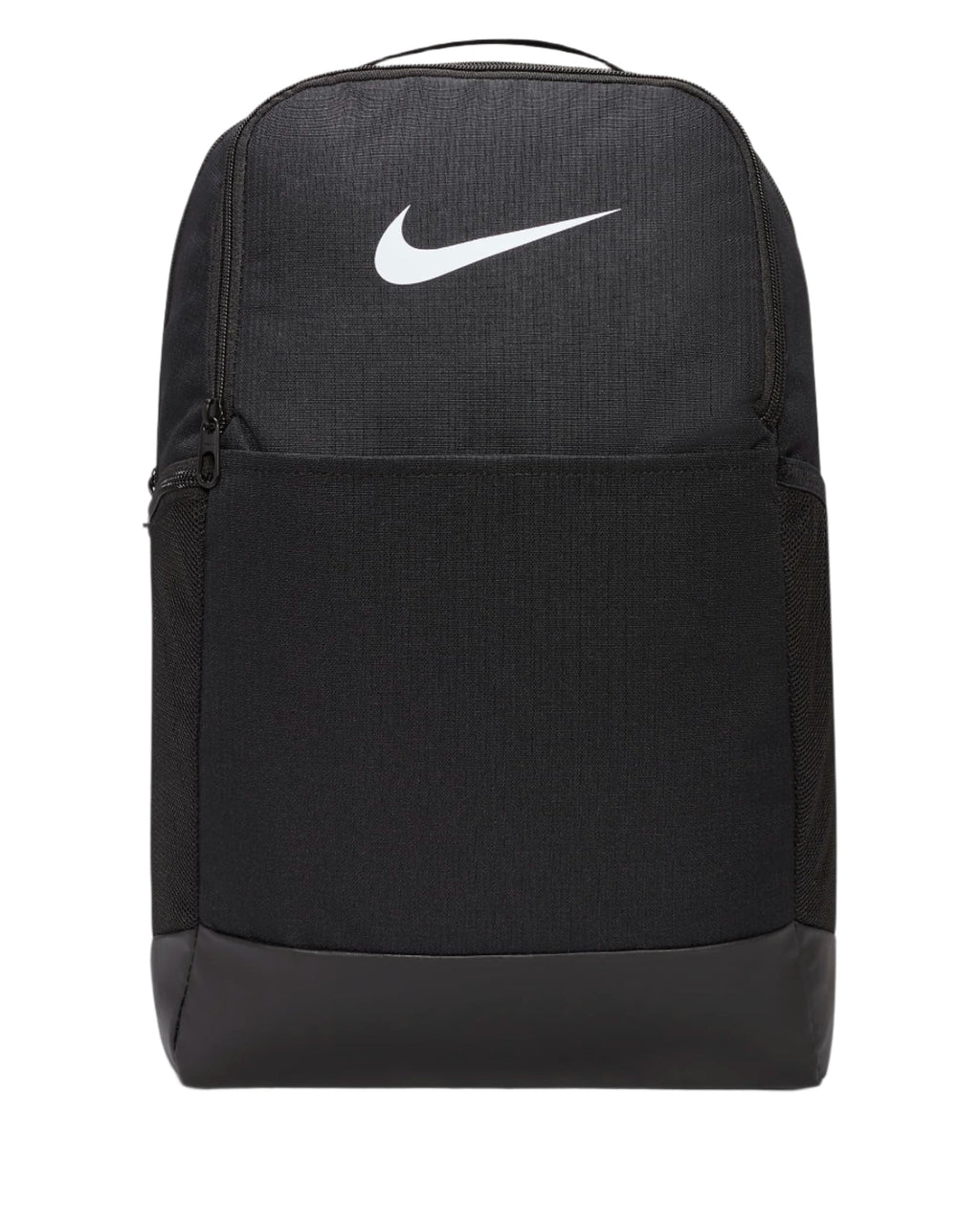Black nike brasilia backpack with white swoosh logo and textured fabric design.