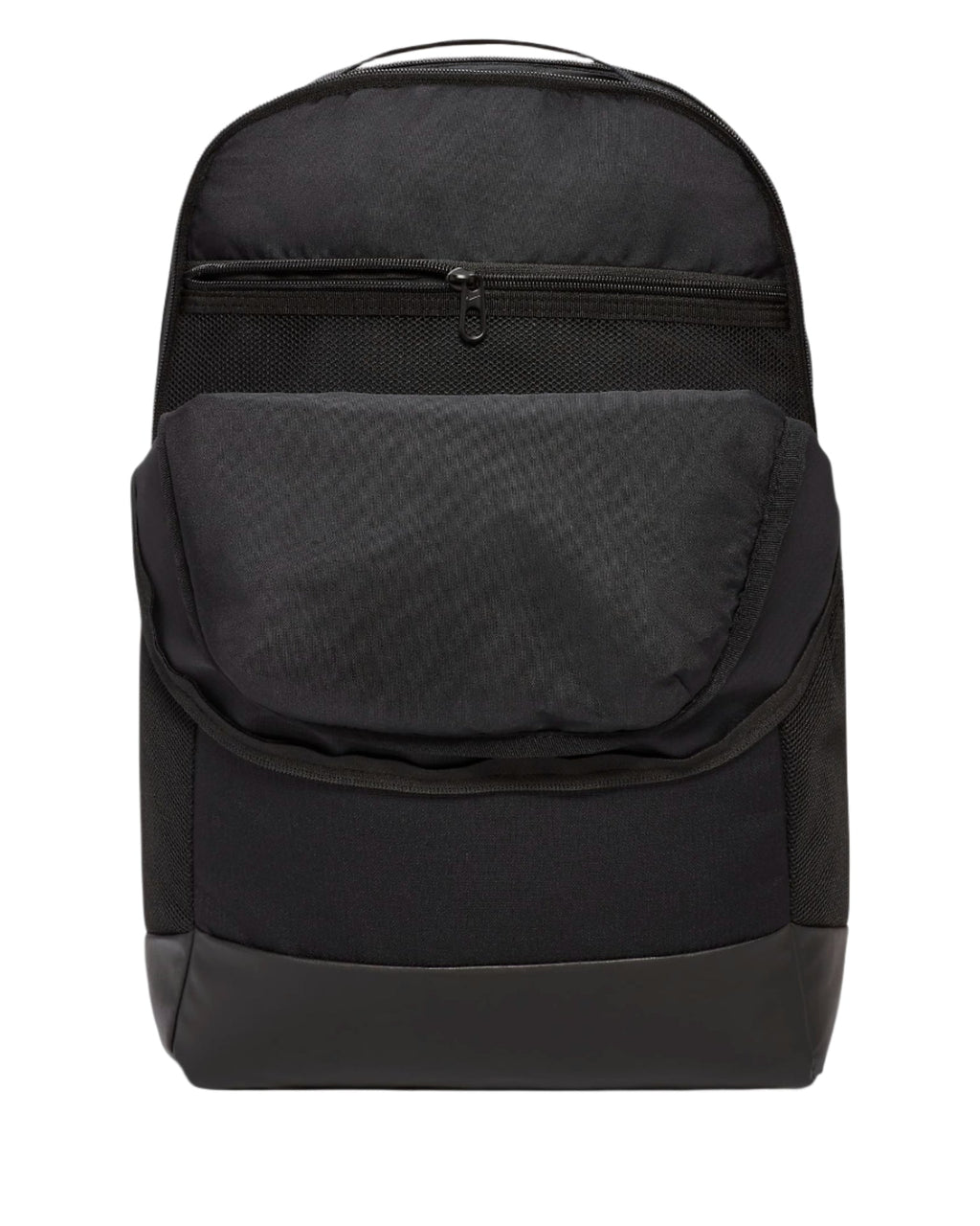 Black backpack with mesh pocket and zipper closure, likely made of nylon or polyester.