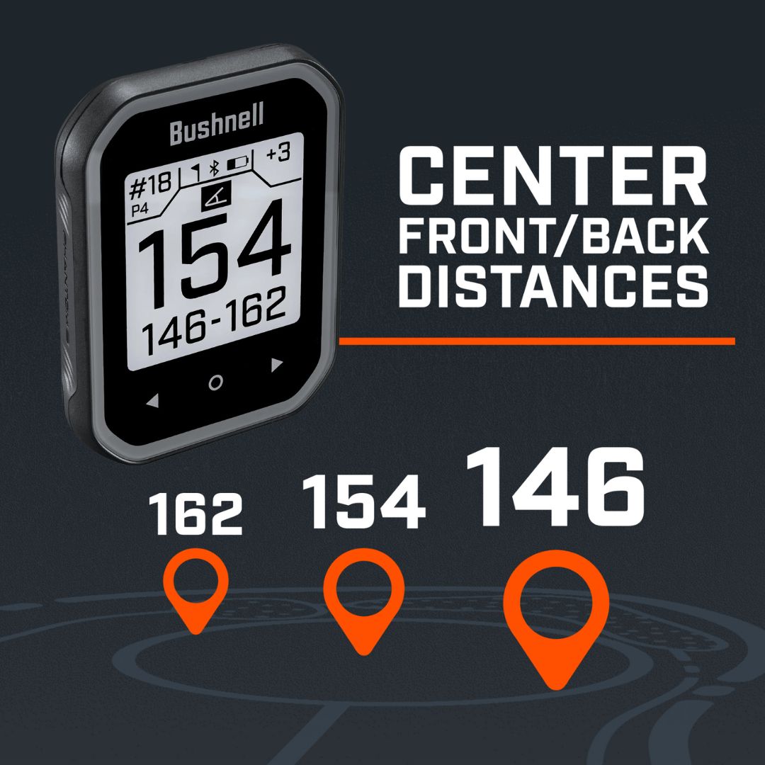 Bushnell gps golf range finder with black and silver casing, digital display showing distances in yards.
