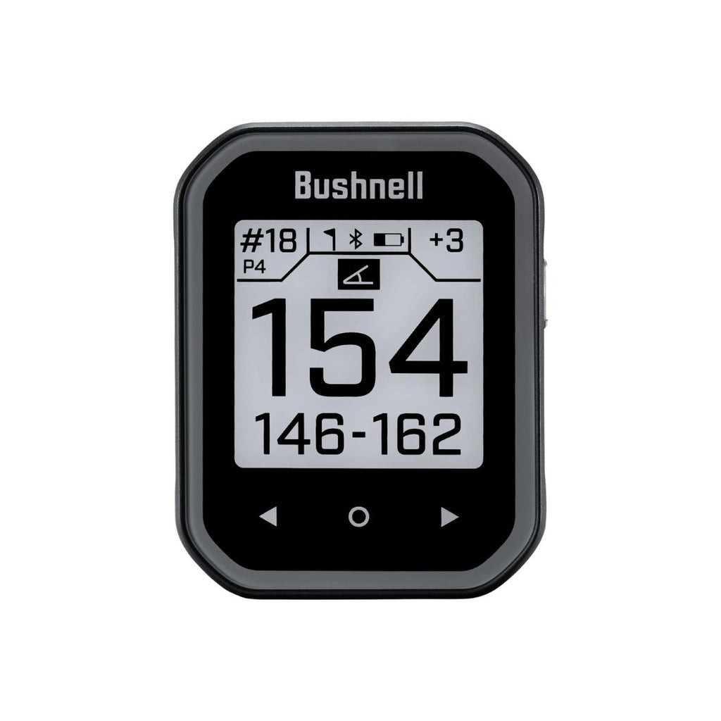 Bushnell golf gps device with a black and silver frame, displaying course information.