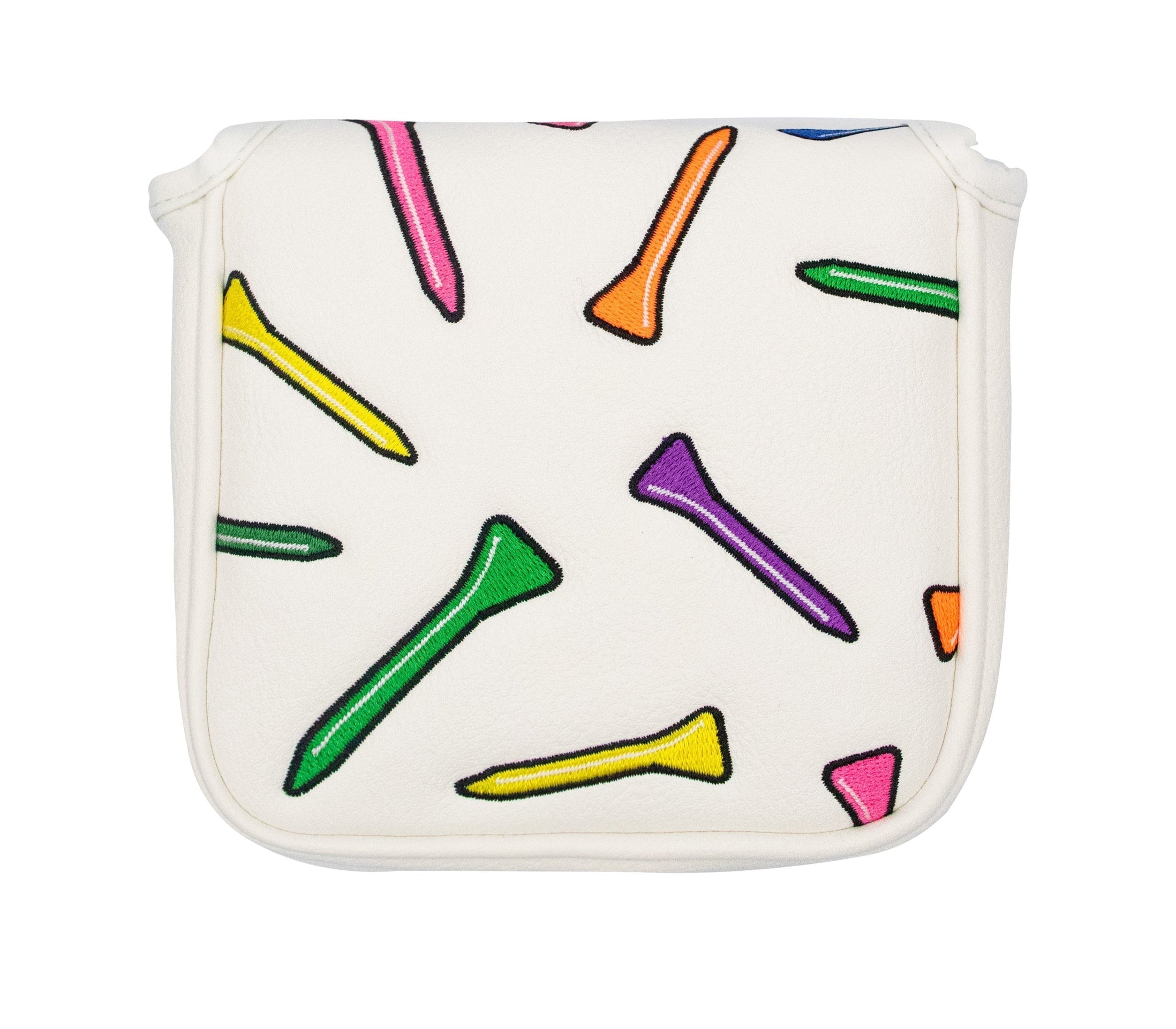 White golf tee patterned crossbody bag with colorful tees and a strap.