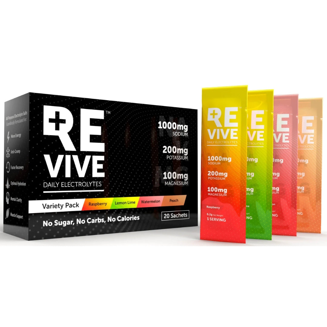 Revive daily electrolytes variety pack box with colorful sachets.