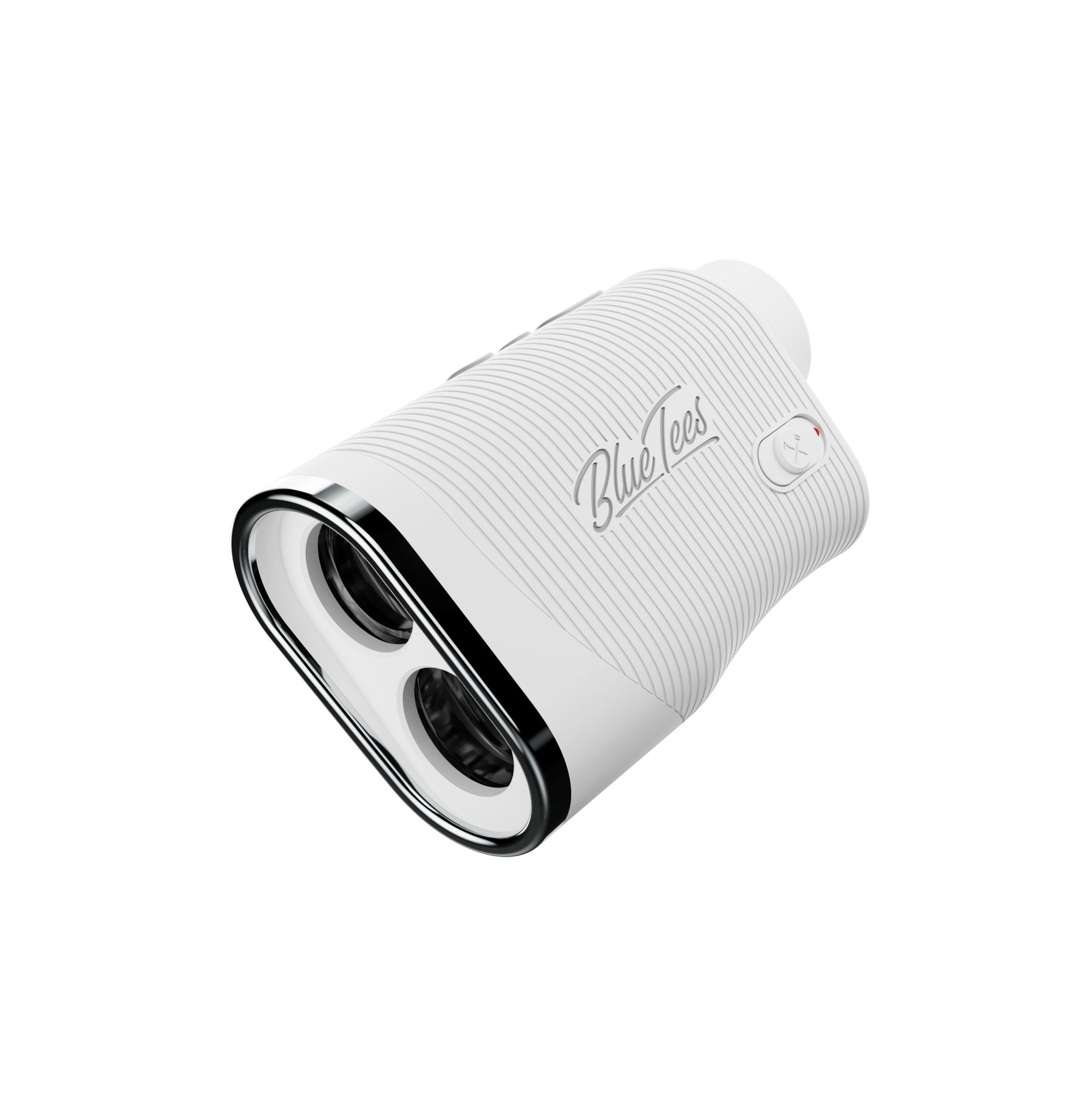 White textured golf ball marker with silver accents and ’blue tees’ logo.